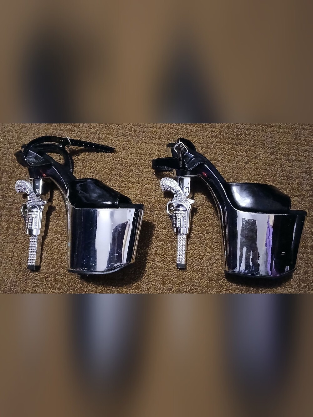 Pre-loved Black Pleaser Revolver 709 Women's Ankle-Strap Open-Toe Stilettos.